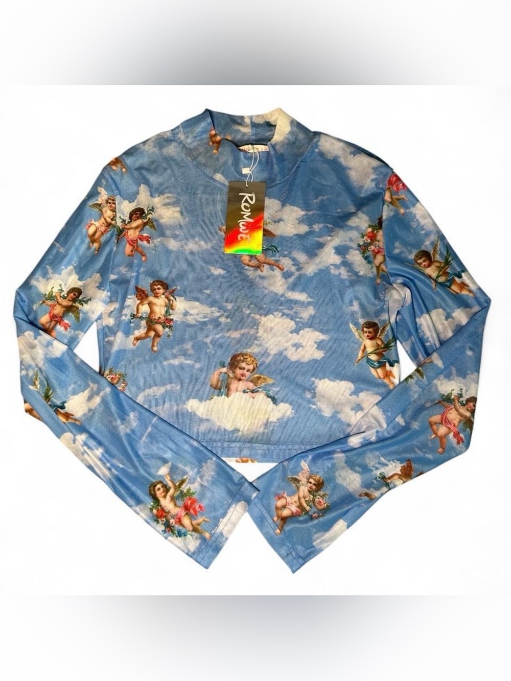 ROMWE Blue White Cherub Print Long Sleeve Crop Top